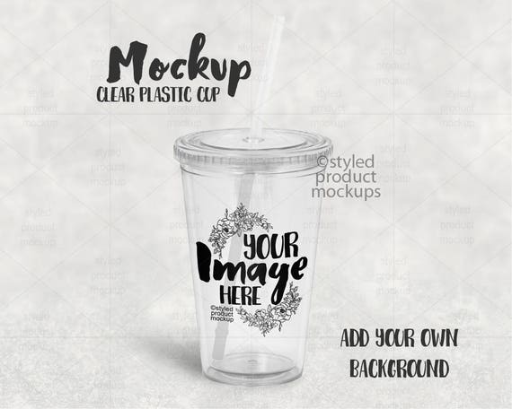 Download Clear Plastic Reusable Cup With Lid And Straw Template Mockup Etsy