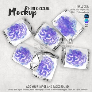 May include: A mockup image of mini chocolate bars in silver foil. Each bar has a purple design with the letters "SPM". The words "Mini Chocolate Mockup" are at the top, and "Add Your Image and Background" is at the bottom of the image.