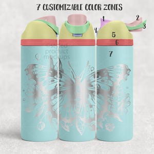 May include: A turquoise water bottle featuring a silver butterfly design. The lid is yellow with pink and green details. The text "7 Customizable Color Zones" is visible. This is a product mockup.