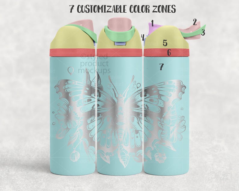 May include: A turquoise water bottle featuring a silver butterfly design. The lid is yellow with pink and green details. The text "7 Customizable Color Zones" is visible. This is a product mockup.