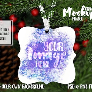 Farbstoff Sublimation Prag geformt Aluminium Weihnachtsschmuck Mockup | Hinzufügen eines eigenen Bildes und Hintergrunds