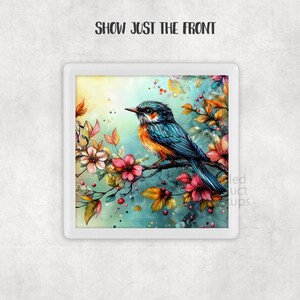 Puede incluir: Impresi&oacute;n cuadrada con una pintura de acuarela de un p&aacute;jaro en una rama floreciente. El p&aacute;jaro tiene plumas azules, naranjas y negras. Las flores son rosas y el fondo es una mezcla de azul, amarillo y verde.