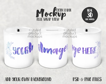 Dye sublimation ceramic coin bank mockup | Add your own image and background