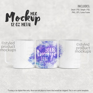 May include: Three 12-ounce metal mugs, two are white and one has a purple watercolor design with the text "YOUR Image HERE".