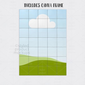 Op de afbeelding: Een digitale mockup met een lucht- en landschapsontwerp. De afbeelding toont een witte wolk tegen een lichtblauwe lucht, met groene glooiende heuvels aan de onderkant. De tekst "INCLUDES CANVA FRAME" staat bovenaan.