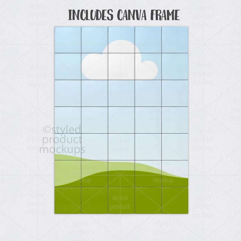 Op de afbeelding: Een digitale mockup met een lucht- en landschapsontwerp. De afbeelding toont een witte wolk tegen een lichtblauwe lucht, met groene glooiende heuvels aan de onderkant. De tekst "INCLUDES CANVA FRAME" staat bovenaan.