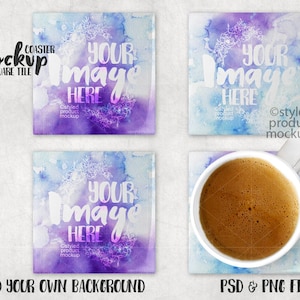May include: Four square tile coasters with a watercolor background in shades of blue and purple. The coasters feature a white floral design and the text "YOUR IMAGE HERE". One coaster has a white coffee mug with brown coffee on top.
