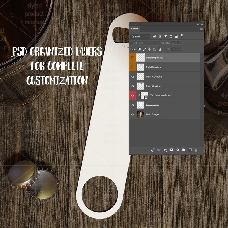 K&ouml;nnte beinhalten: Ein wei&szlig;er Flaschen&ouml;ffner mit einem kreisf&ouml;rmigen Loch und einem Griff, der auf einer Holzoberfl&auml;che pr&auml;sentiert wird. Das Bild enth&auml;lt den Text "PSD ORGANIZED LAYERS FOR COMPLETE CUSTOMIZATION" und ein digitales Interface-Mockup.