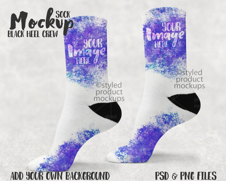 Download Dye sublimation crew sock with black heel Mockup Add your ...