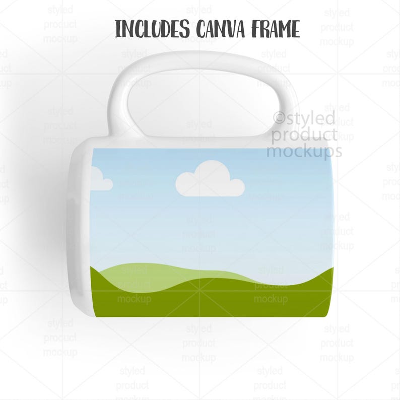 May include: White ceramic mug with a landscape design featuring a blue sky, white clouds, and green hills. The mug has a curved handle and the text "INCLUDES CANVA FRAME" at the top.