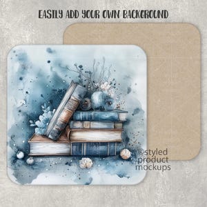 May include: A watercolour illustration of a stack of books with a blue and green background. The books are stacked on top of each other and have a vintage look. There are some flowers and berries on top of the books.
