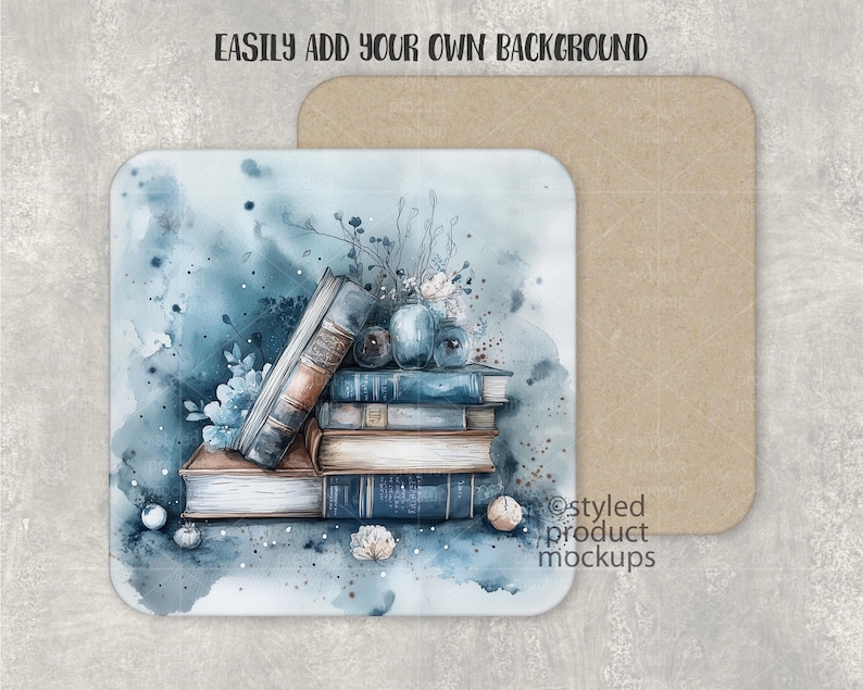 May include: A watercolour illustration of a stack of books with a blue and green background. The books are stacked on top of each other and have a vintage look. There are some flowers and berries on top of the books.
