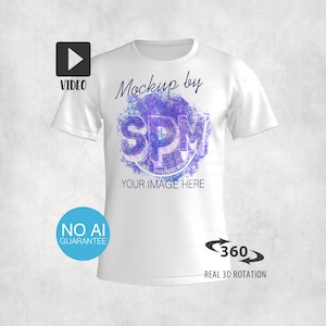 May include: A white short-sleeve t-shirt mockup featuring a central purple watercolor circle graphic with the text Mockup by SPM and YOUR IMAGE HERE. The image includes a black video play icon, a blue NO AI GUARANTEE circle, and a 360 rotation icon.