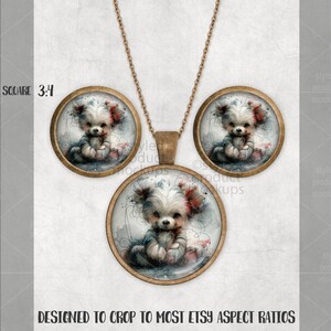 Może przedstawiać: Złoty naszyjnik z wisiorkiem i pasujący zestaw kolczyk&oacute;w. Każdy element zawiera akwarelową ilustrację małego, puszystego psa z czerwonymi i białymi akcentami. Tekst "DESIGNED TO CROP TO MOST ETSY ASPECT RATIOS" znajduje się na dole.