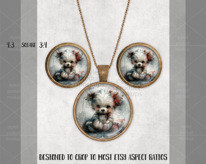 Może przedstawiać: Złoty naszyjnik z wisiorkiem i pasujący zestaw kolczyk&oacute;w. Każdy element zawiera akwarelową ilustrację małego, puszystego psa z czerwonymi i białymi akcentami. Tekst "DESIGNED TO CROP TO MOST ETSY ASPECT RATIOS" znajduje się na dole.
