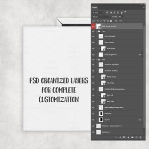 May include: A mockup image featuring a white product template with the text "PSD ORGANIZED LAYERS FOR COMPLETE CUSTOMIZATION." A layered Photoshop file is visible on the right.
