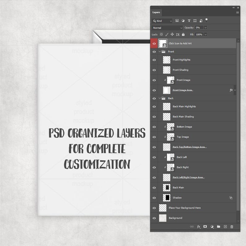 May include: A mockup image featuring a white product template with the text "PSD ORGANIZED LAYERS FOR COMPLETE CUSTOMIZATION." A layered Photoshop file is visible on the right.