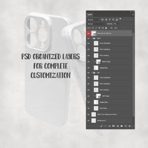 Puede incluir: Se muestran dos fundas blancas para tel&eacute;fono con un dise&ntilde;o en capas, una delante de la otra. El texto "PSD ORGANIZED LAYERS FOR COMPLETE CUSTOMIZATION" est&aacute; impreso en la funda delantera. Se ve una pantalla de ordenador con capas.