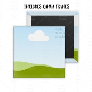 Puede incluir: Maqueta de producto cuadrada con un dise&ntilde;o de cielo y paisaje. La imagen incluye el texto "INCLUDES CANVA FRAMES". La maqueta tiene un borde azul claro y un interior negro.