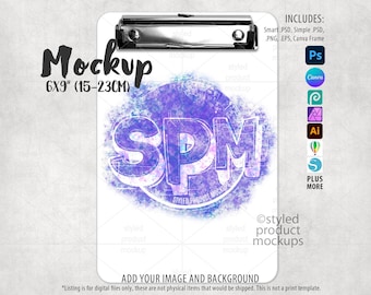 May include: A mockup of a 6x9 inch (15-23 cm) clipboard with a watercolor background and the text "SPM" in a circle. The text "Styled Product Mockups" is below the circle. The text "INCLUDES: Smart PSD, Simple PSD, PNG, EPS, Canva Frame" is on the right side of the image.