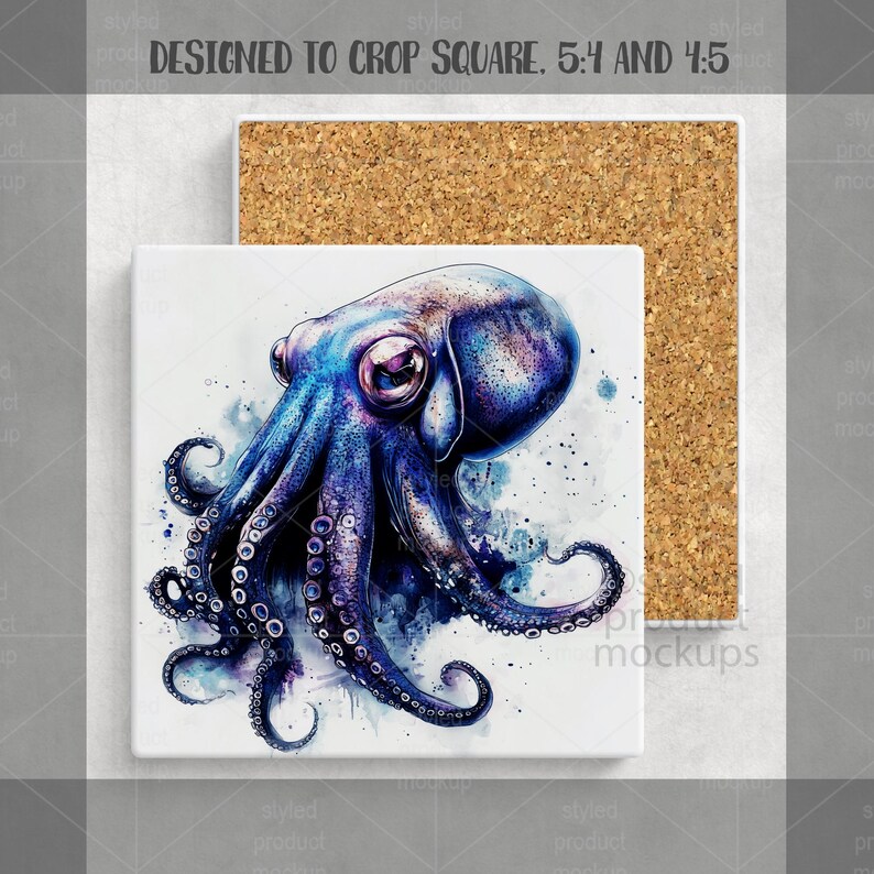 Puede incluir: Posavasos cuadrado de cer&aacute;mica con una ilustraci&oacute;n de acuarela de un pulpo azul y morado vibrante. El posavasos est&aacute; sobre una base de corcho, con el texto "DESIGNED TO CROP SQUARE. 5:4 AND 4:5" en la parte superior. El dise&ntilde;o del pulpo tiene tent&aacute;culos y ojos detallados.