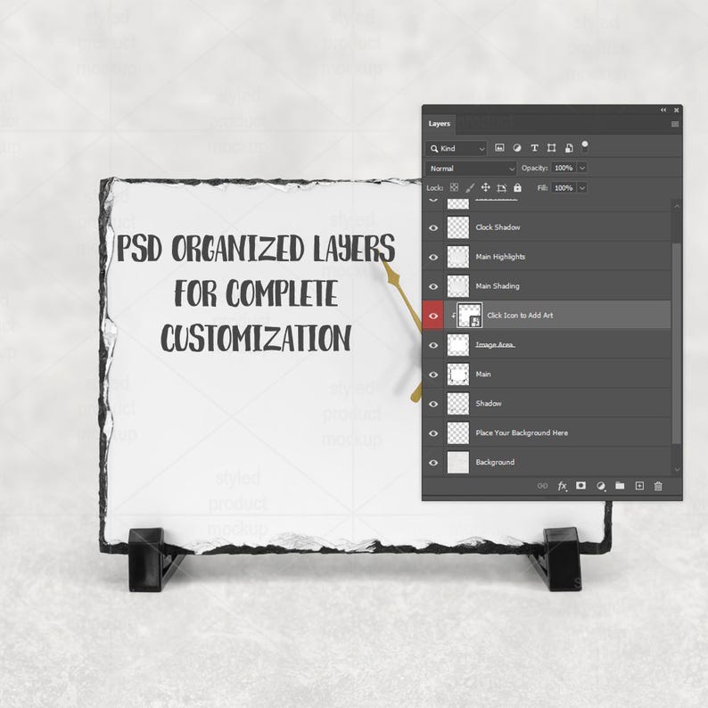 Puede incluir: Un reloj rectangular de piedra blanca con soportes negros, con el texto "PSD ORGANIZED LAYERS FOR COMPLETE CUSTOMIZATION". Una interfaz digital con capas es visible en el lado derecho. Las manecillas del reloj son doradas.
