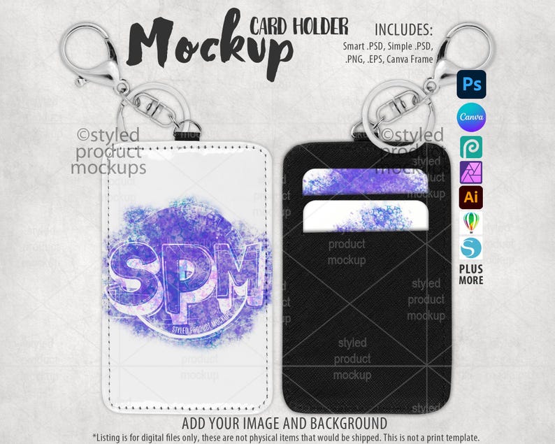 May include: Mockup of a white and black card holder with a keychain. The white card holder has a purple and blue watercolor design with the letters "SPM" in the center. The black card holder has a grid pattern and the text "product mockup" on it.