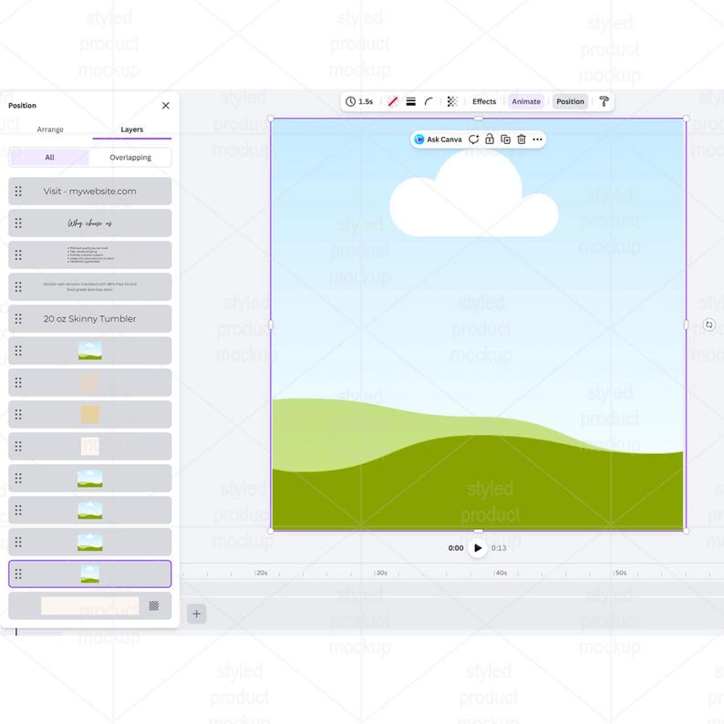 May include: A digital product mockup featuring a light blue sky with a white cloud and green rolling hills. The interface includes a layers panel and text that reads "Visit - mywebsite.com" and "20 oz Skinny Tumbler".