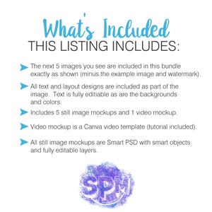 May include: White background with blue text that reads "What's Included" and "THIS LISTING INCLUDES:". The text describes the contents of the listing, including images, designs, mockups, and a video template. A purple and blue logo is at the bottom.