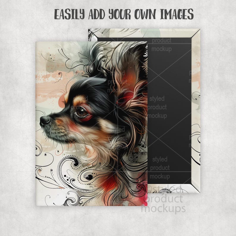 May include: A square canvas print featuring a detailed illustration of a Chihuahua dog in profile. The artwork showcases the dog's black, brown, and white fur with artistic swirls and the text "EASILY ADD YOUR OWN IMAGES" at the top.