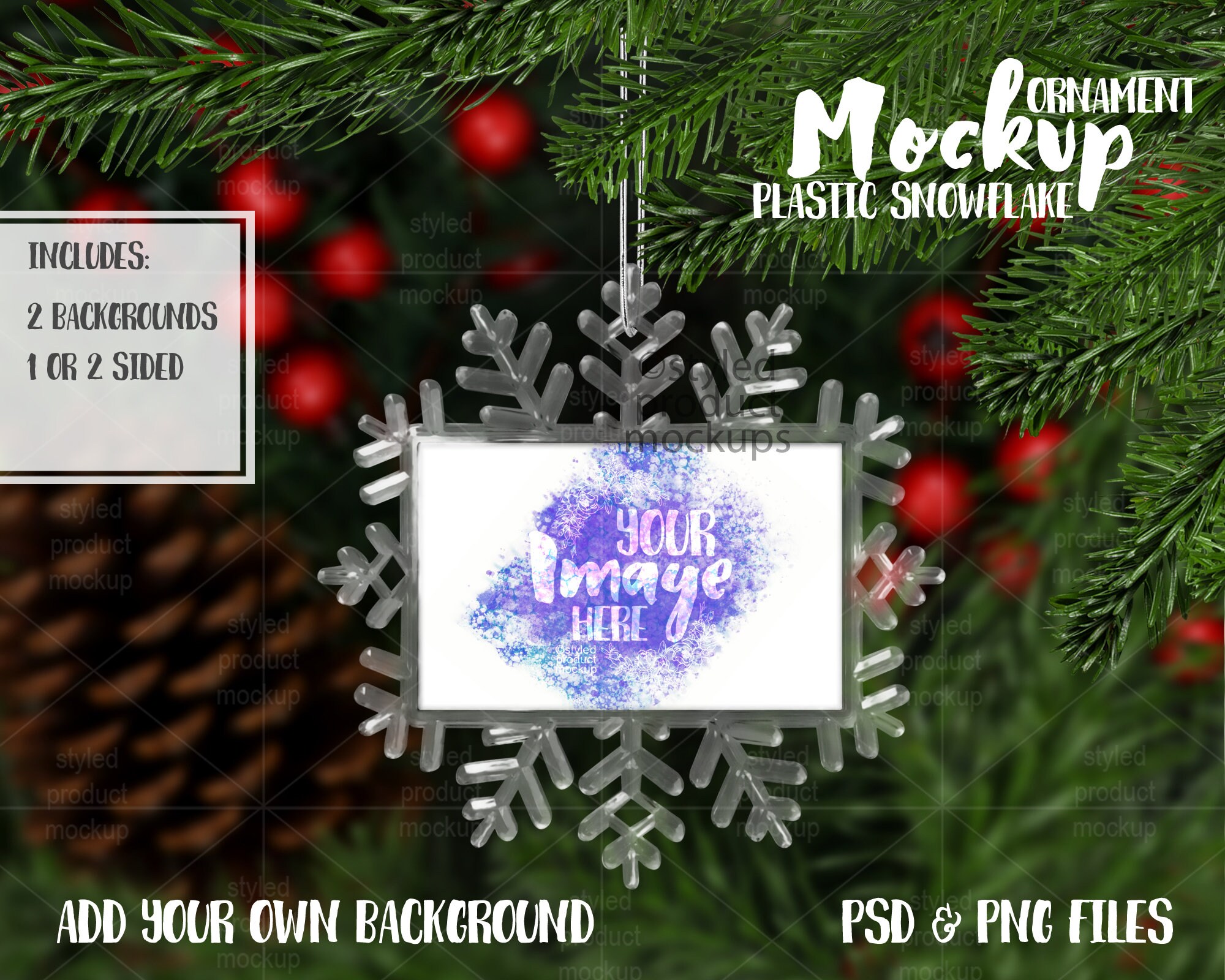 Double sided small rectangle snow flake shaped floating ornament mockup | Add your own image and background