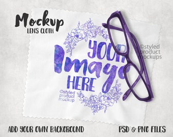 Mockup de pano de limpeza de lentes para óculos com impressão por sublimação | Adicione sua própria imagem e fundo