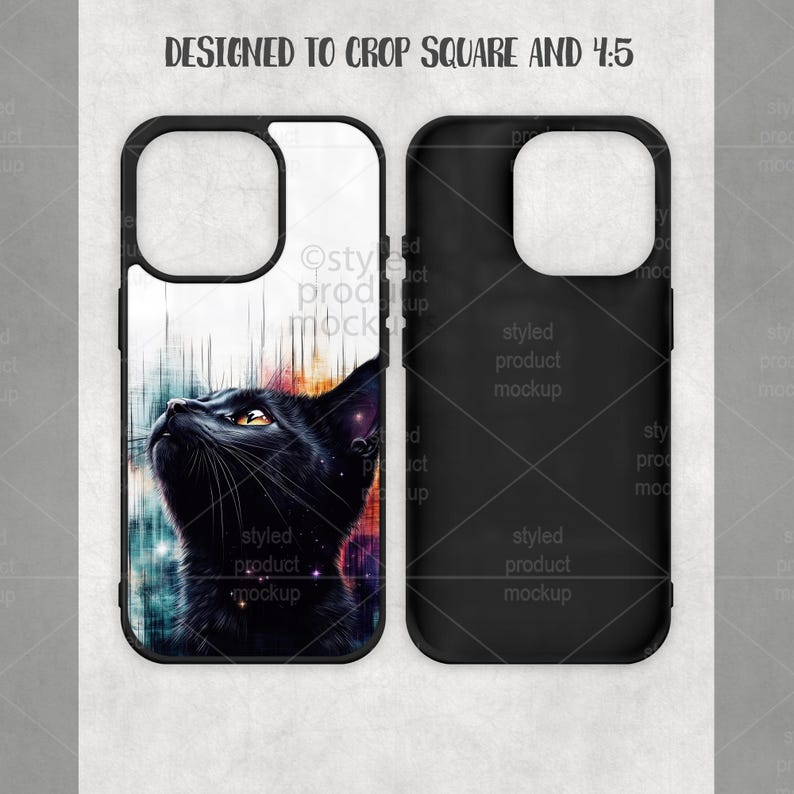 Peut inclure: Coque de t&eacute;l&eacute;phone noire avec une illustration stylis&eacute;e d'un chat noir regardant vers le haut avec des yeux jaunes. Le design comprend un fond abstrait color&eacute;. La coque est pr&eacute;sent&eacute;e &agrave; c&ocirc;t&eacute; d'une coque de t&eacute;l&eacute;phone noire unie.
