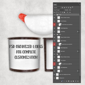 May include: A digital product mockup template featuring a white cylindrical container and a curved white lid with a red accent. The image includes a Photoshop layers panel on the right side with the text PSD ORGANIZED LAYERS FOR COMPLETE CUSTOMIZATION.