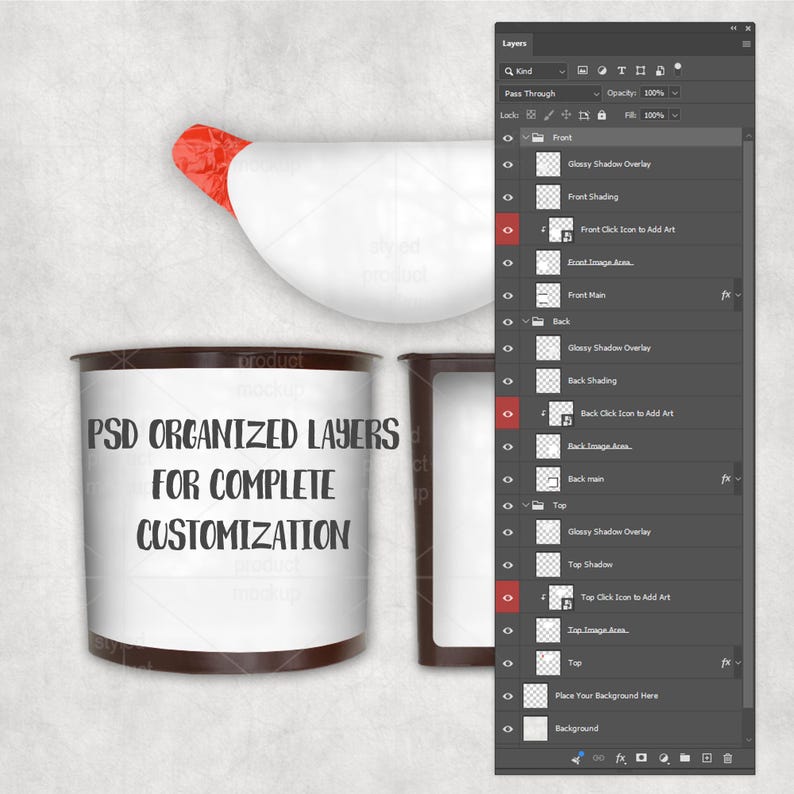 May include: A digital product mockup template featuring a white cylindrical container and a curved white lid with a red accent. The image includes a Photoshop layers panel on the right side with the text PSD ORGANIZED LAYERS FOR COMPLETE CUSTOMIZATION.