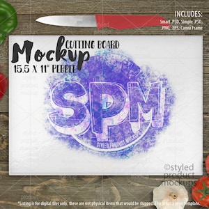 May include: White cutting board mockup with a watercolor design featuring the text "SPM" and the words "Styled Product Mockups". The board is 15.5 inches by 11 inches and is made of pebble.