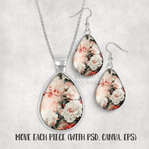 May include: A silver-toned jewelry set featuring a pendant necklace and two teardrop-shaped earrings. Each piece displays a floral design with white peonies, red accents, and a soft pink background. The text "MOVE EACH PIECE (WITH PSD. CANVA. EPS)" is at the bottom.