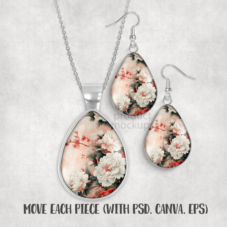 May include: A silver-toned jewelry set featuring a pendant necklace and two teardrop-shaped earrings. Each piece displays a floral design with white peonies, red accents, and a soft pink background. The text "MOVE EACH PIECE (WITH PSD. CANVA. EPS)" is at the bottom.