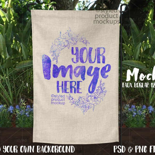 Dye sublimation double sided faux burlap garden flag mockup template | Add your own image and background