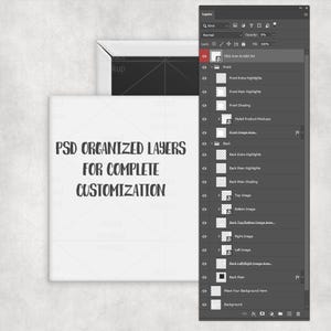 Puede incluir: Imagen de producto digital con un cuadrado blanco y el texto "PSD ORGANIZED LAYERS FOR COMPLETE CUSTOMIZATION." Una pantalla de ordenador muestra un archivo Photoshop en capas, mostrando capas organizadas para la personalizaci&oacute;n. Para maquetas de productos.