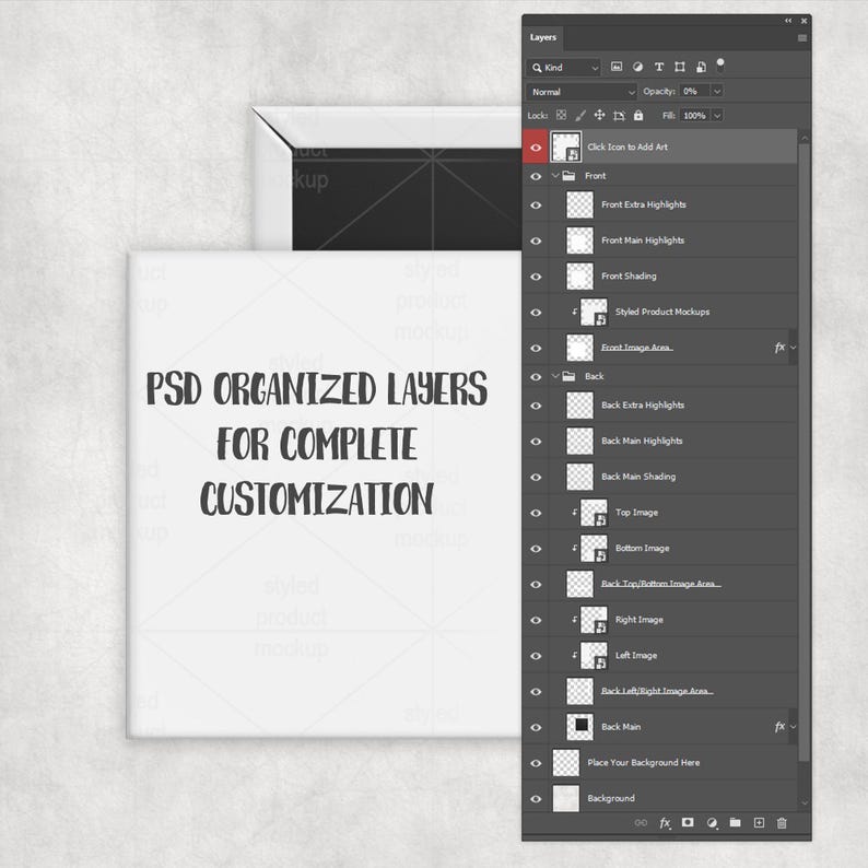 Puede incluir: Imagen de producto digital con un cuadrado blanco y el texto "PSD ORGANIZED LAYERS FOR COMPLETE CUSTOMIZATION." Una pantalla de ordenador muestra un archivo Photoshop en capas, mostrando capas organizadas para la personalizaci&oacute;n. Para maquetas de productos.