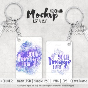 May include: Mockup of two rectangular white keychains with a watercolor design. The keychains are 1.5 inches by 2.4 inches and have a silver ring and tassel. The text "YOUR IMAGE HERE" is on each keychain.