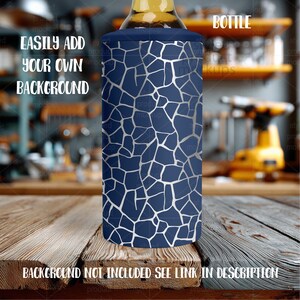 May include: A navy blue bottle cooler with a silver geometric pattern. The cooler is designed to fit around a bottle and keep it cold. The text on the cooler says "Bottle".