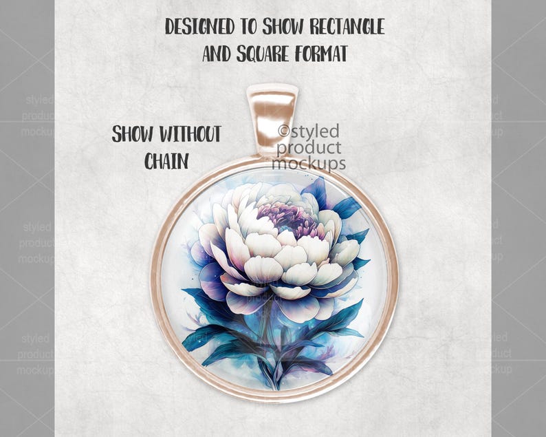 May include: A round glass pendant with a gold metal frame. The pendant features a watercolour painting of a white peony flower with blue and purple accents.