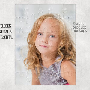 May include: A close-up of a girl with long blonde hair wearing a sparkly silver top. The image is a jigsaw puzzle with the words "Includes Vertical & Horizontal" in the top left corner and "@styled product mockups" in the top right corner.