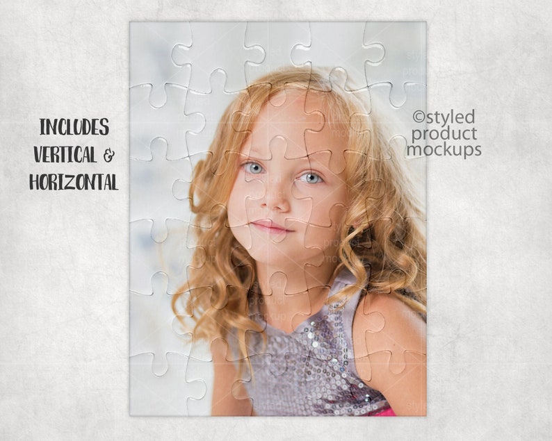 May include: A close-up of a girl with long blonde hair wearing a sparkly silver top. The image is a jigsaw puzzle with the words "Includes Vertical & Horizontal" in the top left corner and "@styled product mockups" in the top right corner.