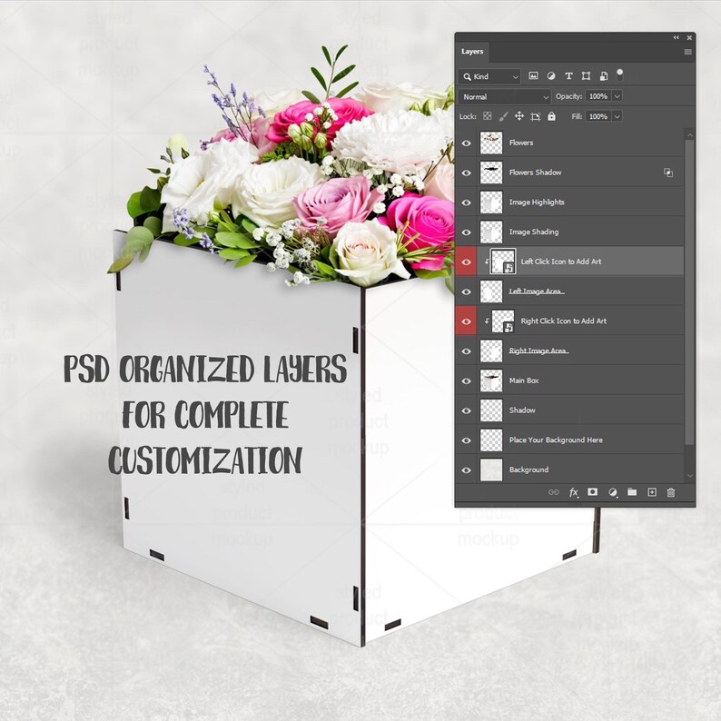 May include: A white, geometric box mockup filled with a vibrant floral arrangement of pink, white, and green flowers. The text "PSD ORGANIZED LAYERS FOR COMPLETE CUSTOMIZATION" is displayed on the box. A digital interface panel is visible on the right.