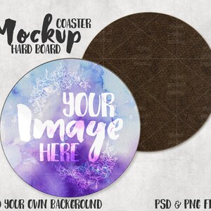Round hard board coaster mockup with front and back view | Add your own image and background