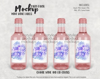 Party favor set of 4 mini wine bottle labels Mockup | Add your own image and background