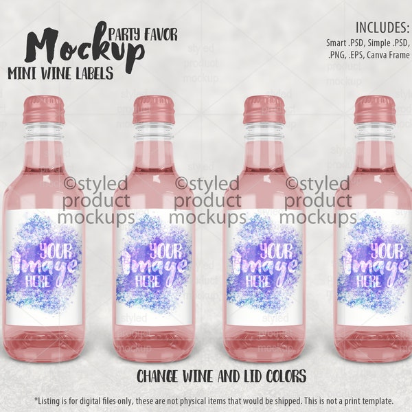 Party favor set of 4 mini wine bottle labels Mockup | Add your own image and background